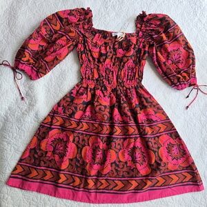House Of Harlow 1960 Shania Fuschia Pink Puff Sleeve Milkmaid Mini Dress Boho